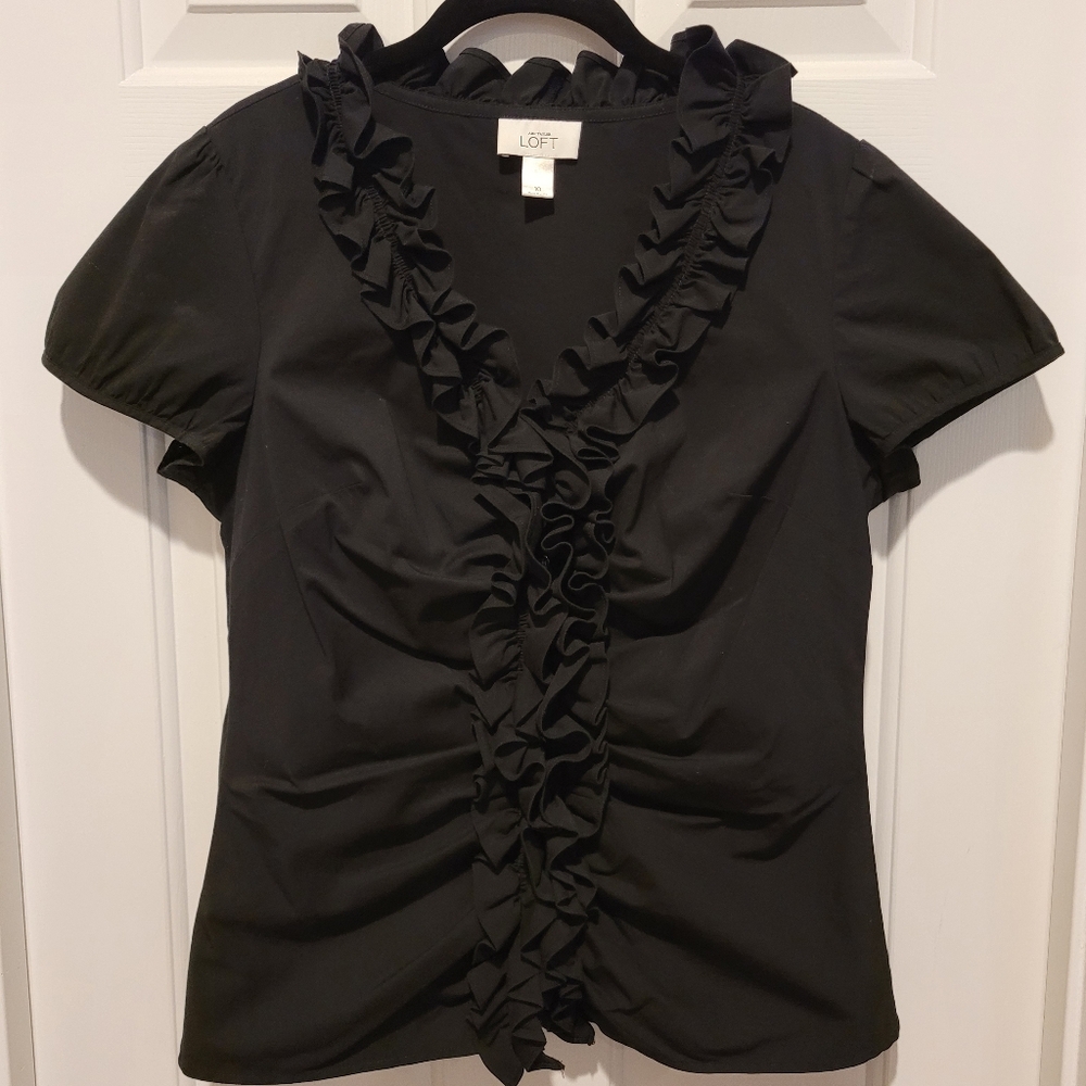 Ann Taylor LOFT Ruffled Black Button Up - Picture 1 of 5